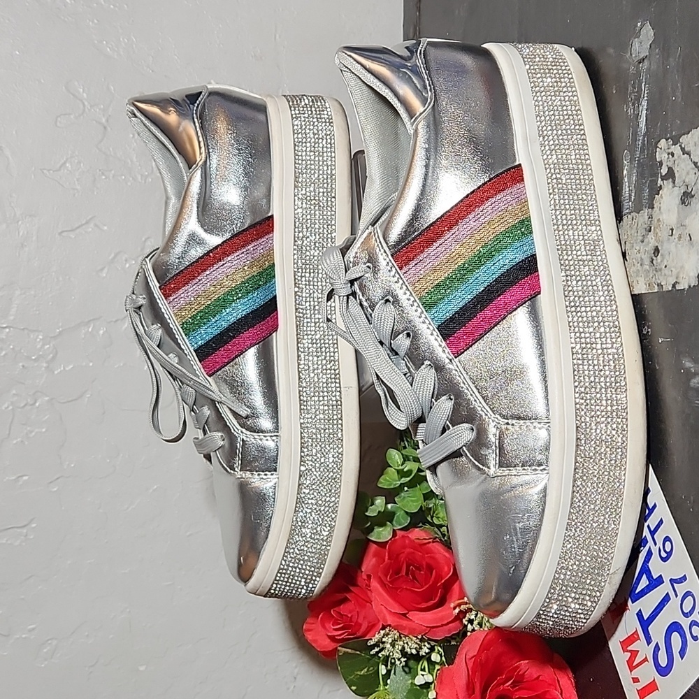 PAZZLE Color Panel Toe Lace-Up Rhinestone Flatform Sneaker 18981 - Picture 6 of 11